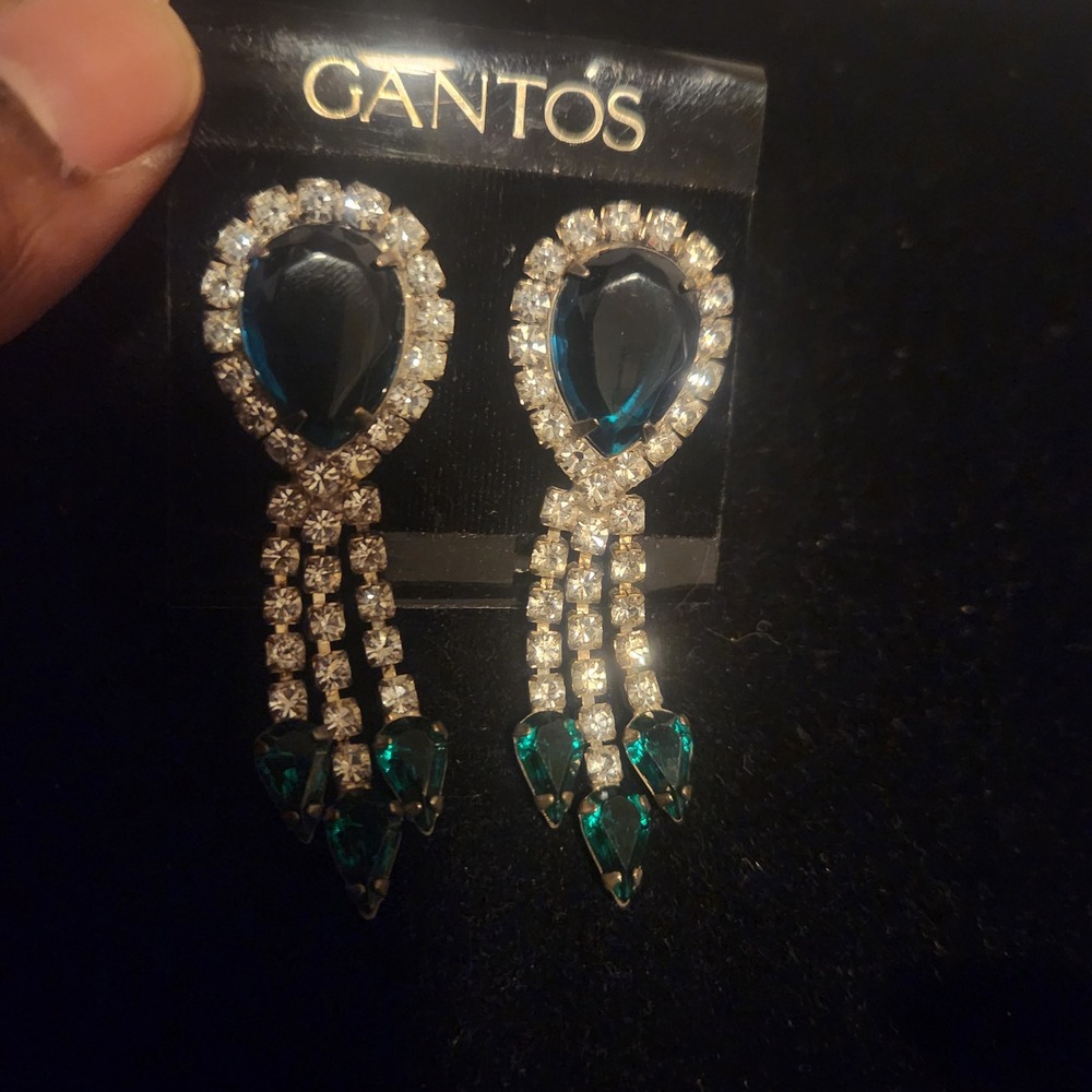 Gantos Vintage Emerald Green‎ Rhinestone Drop Dangle Statement Earrings 2"